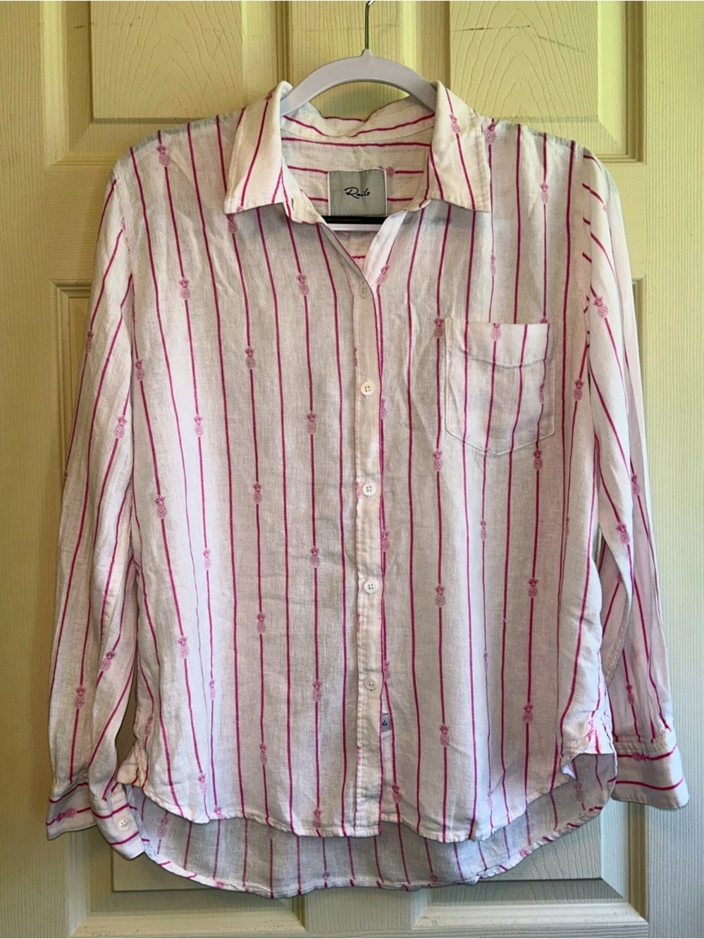 Rails Charli Pink Pineapple Stripe Button Down Blouse Linen Blend Size Medium